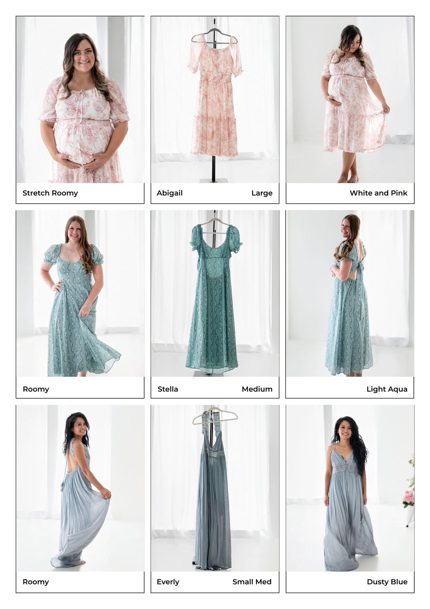 Floral and lace maternity dresses in pink and aqua, including Abigail, Stella, and Everly styles in various sizes.