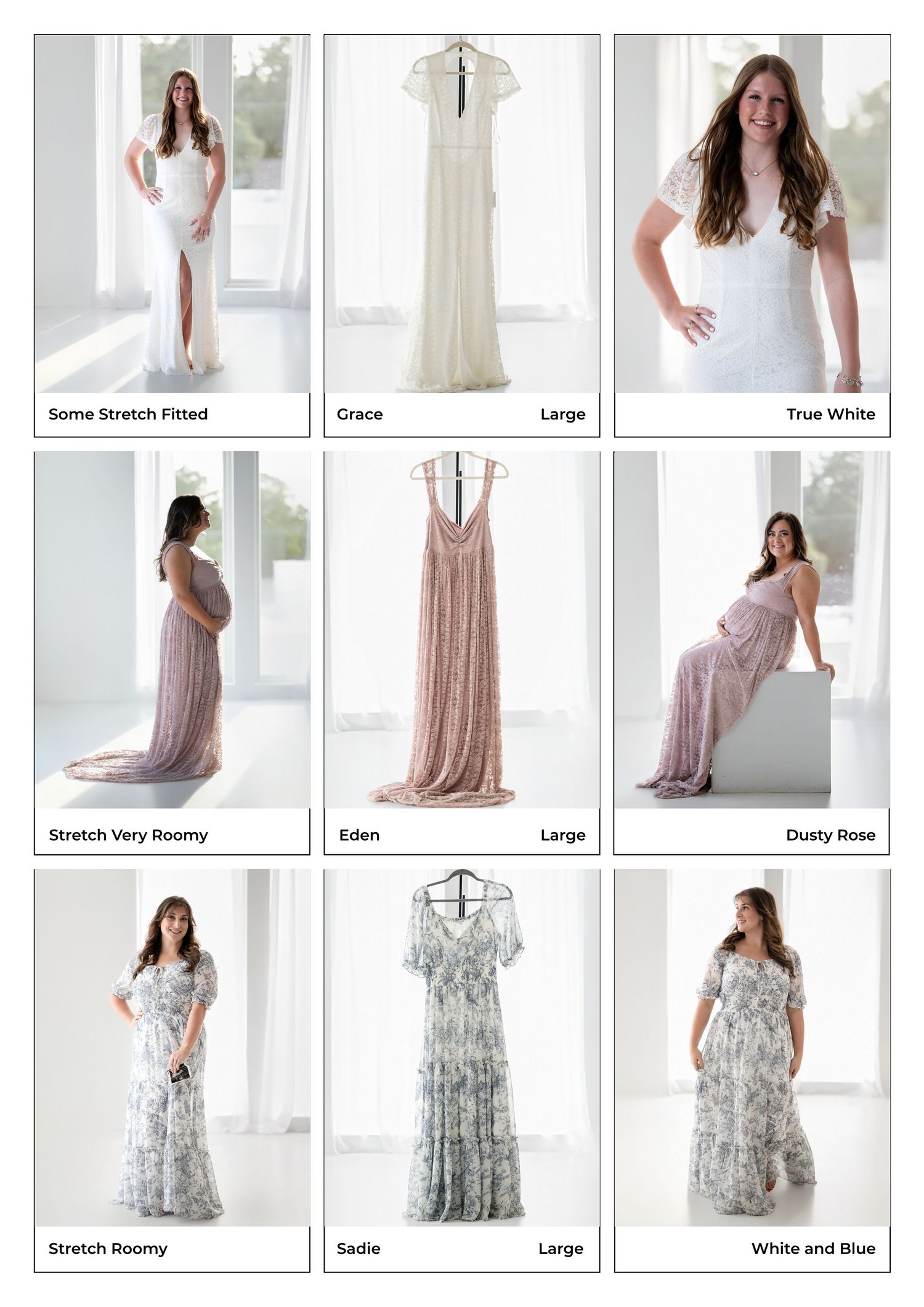 Elegant maternity gowns in white, dusty rose, and floral prints, featuring Grace, Eden, and Sadie styles in large sizes.