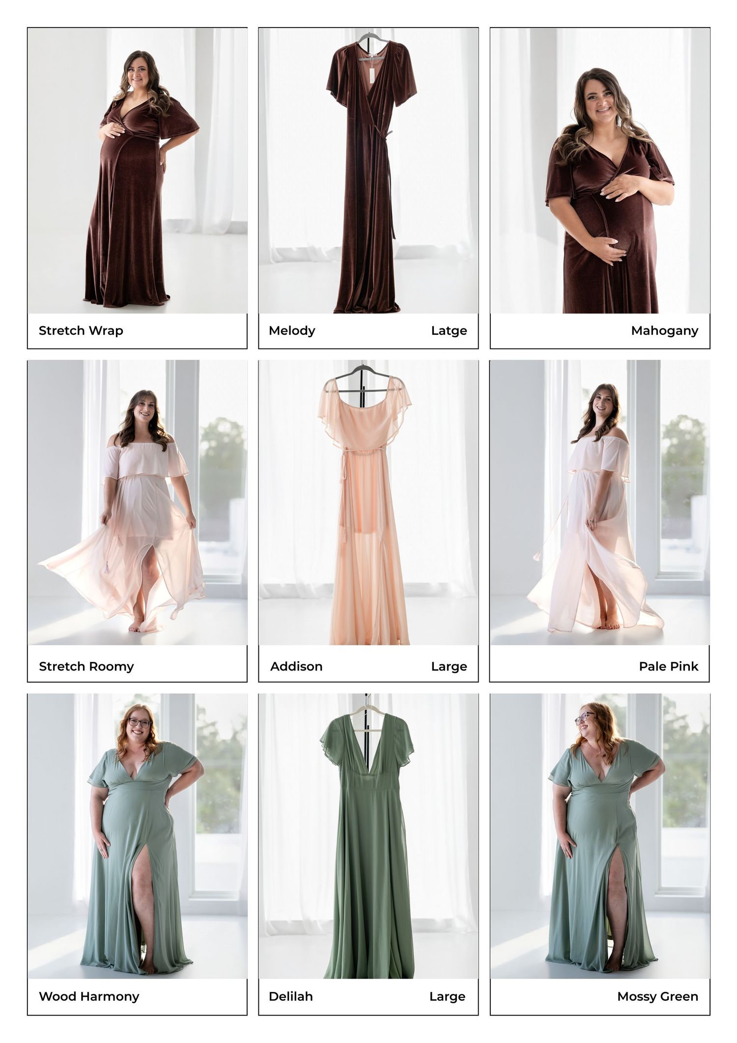 Maternity gowns in mahogany velvet, pale pink, and mossy green, including Melody, Addison, and Delilah styles in large.