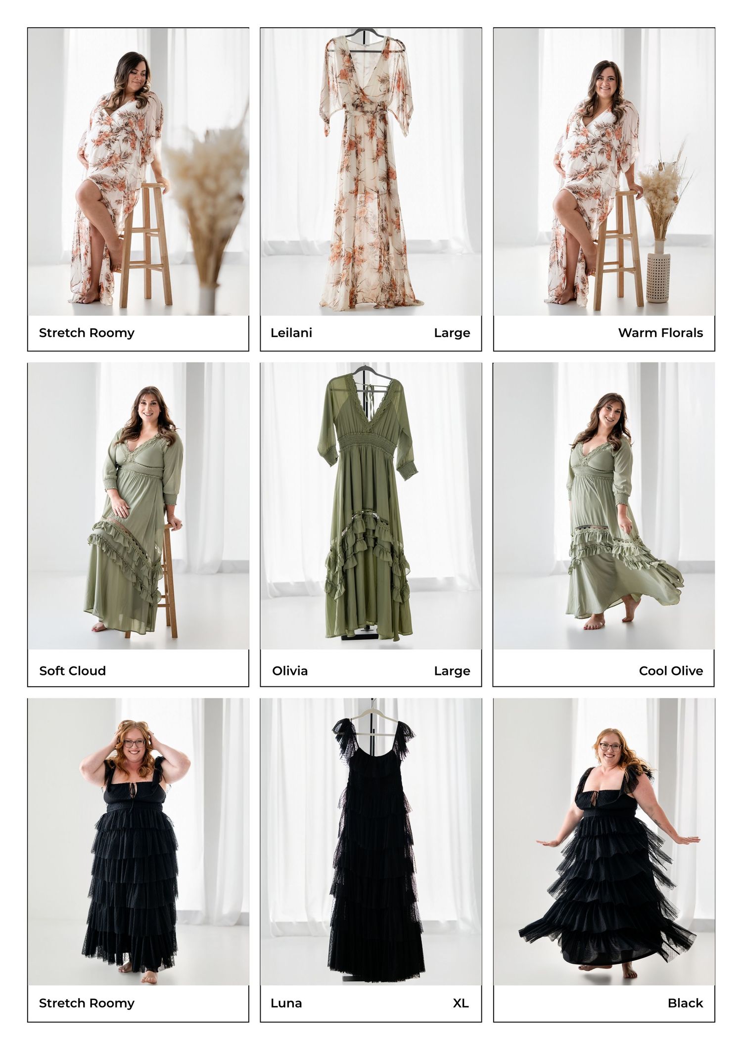 Nine maternity gown styles in floral, olive, and black featuring ruffle and tiered designs shown on models and hangers.