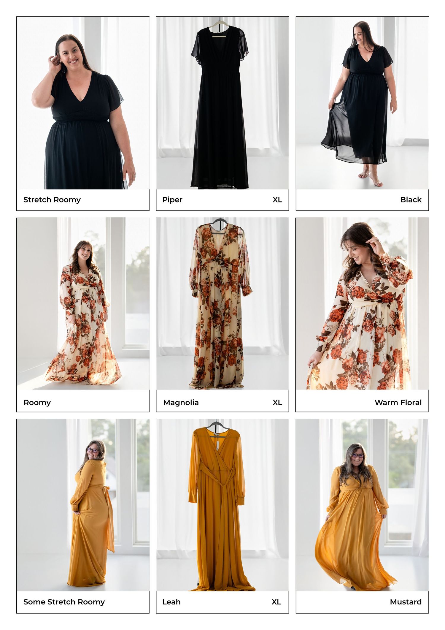 Nine elegant maxi dresses displayed in black, floral, and mustard styles, shown on models and hangers in plus and regular sizes.