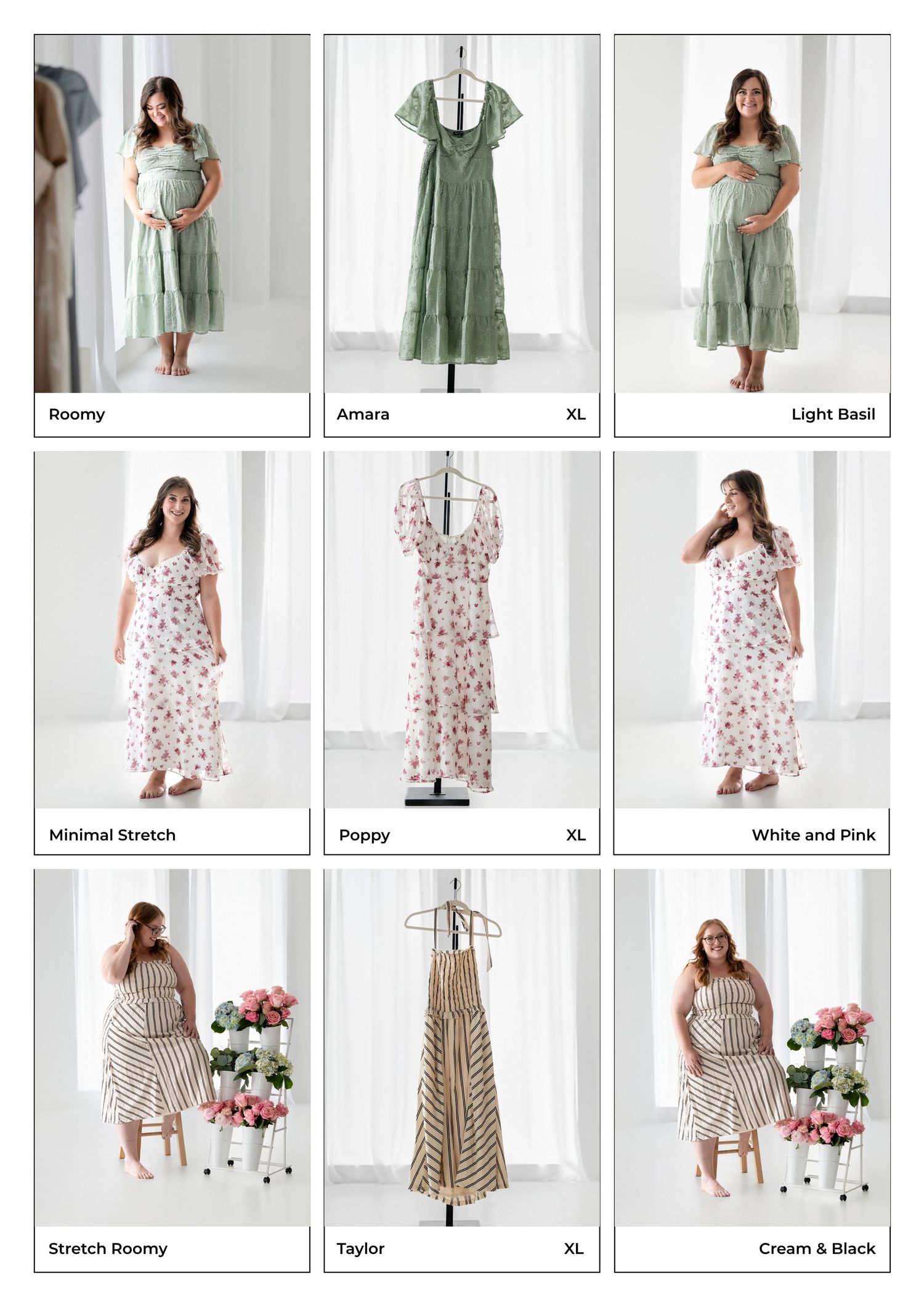 Nine maternity dresses in floral and solid styles, including green, pink, and striped designs, displayed on models and hangers.