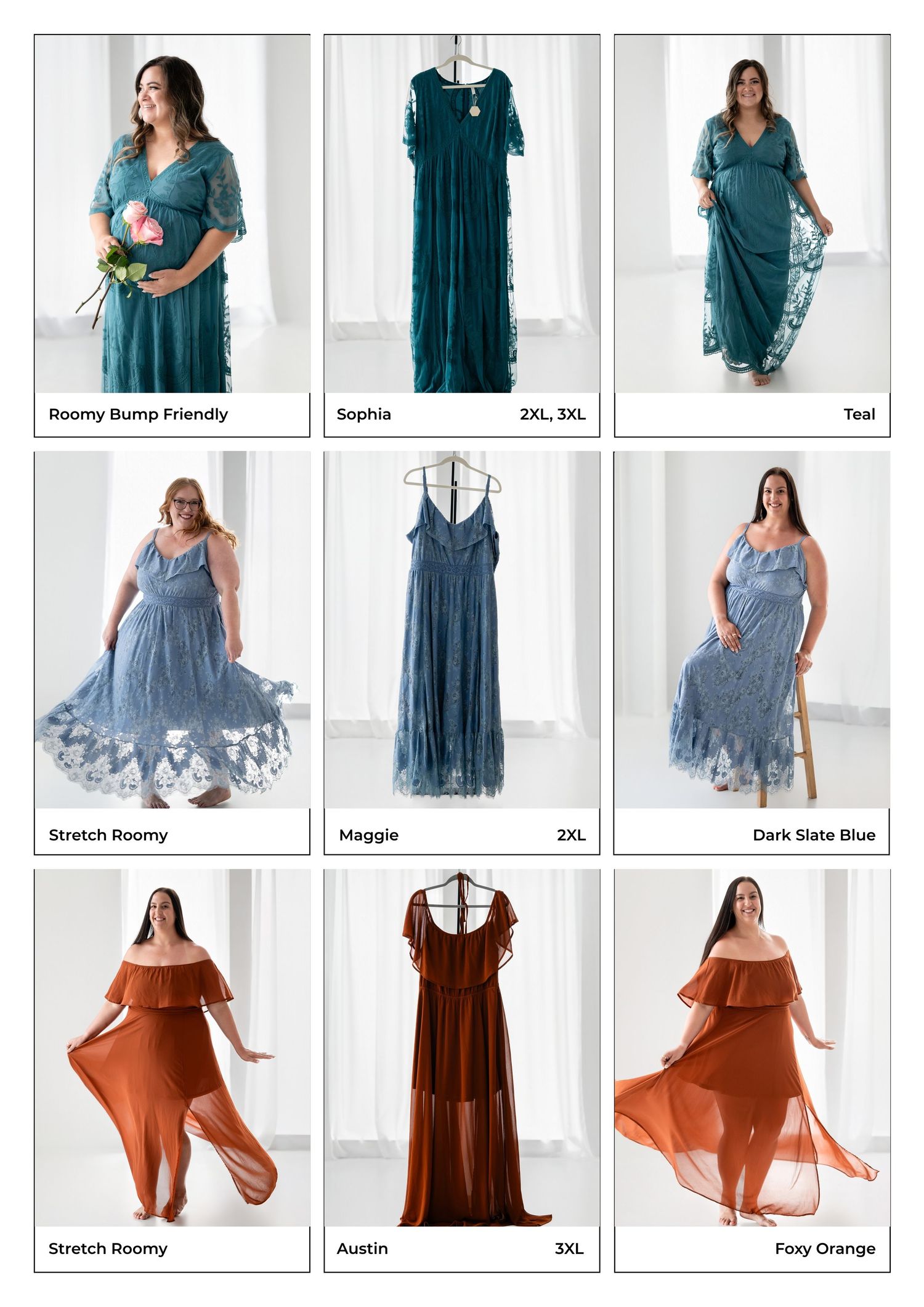 Nine maternity dress styles in teal, dark slate blue, and foxy orange featuring lace and chiffon fabrics on plus-size models.