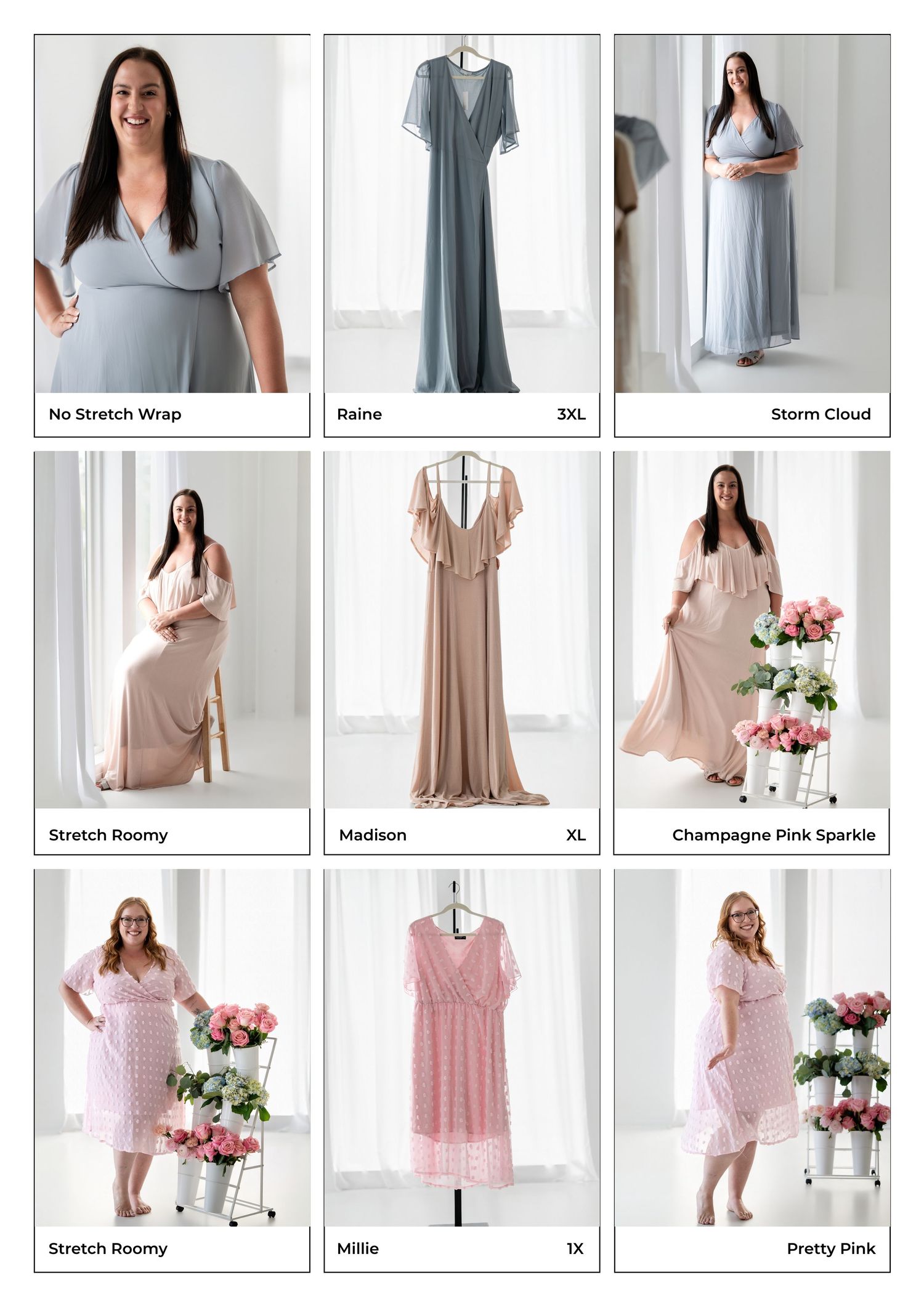 Nine maternity dresses in soft blue, blush, and pink tones, including wrap and flowy styles, shown on plus-size models and hangers.