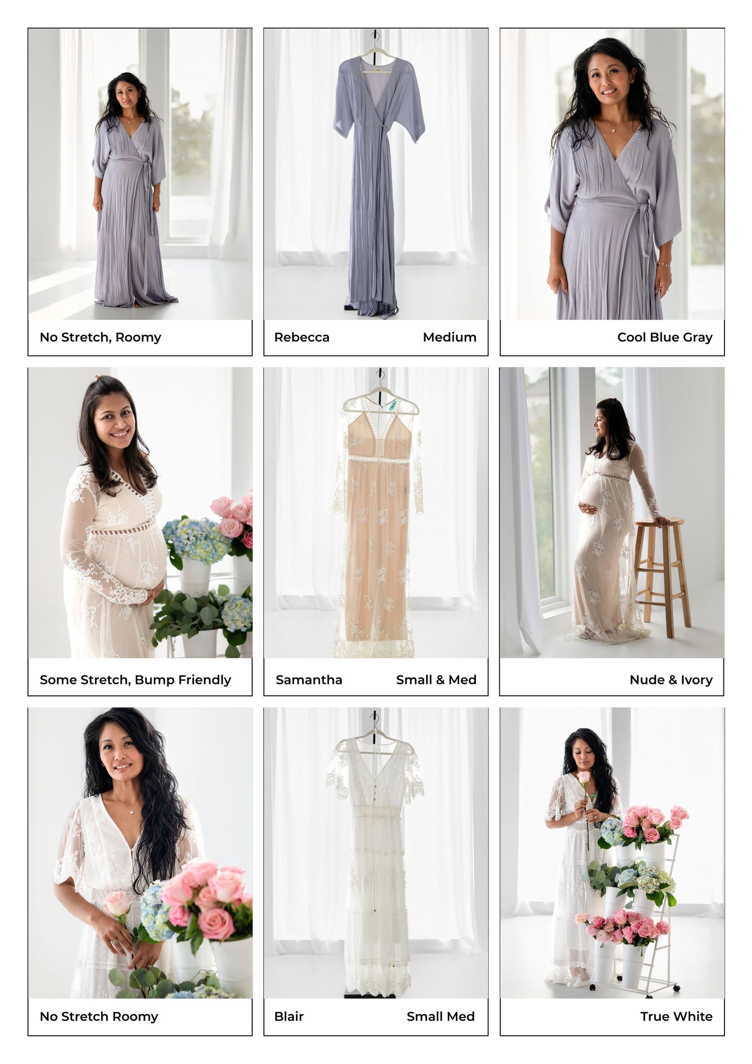 A 3x3 grid showcasing maternity photoshoot dresses in gray, ivory, and white styles, displayed on models and hangers.