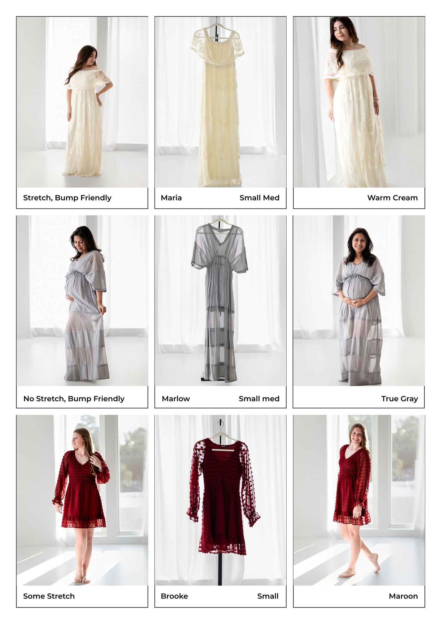 Grid of nine maternity dresses in cream, gray, and maroon styles, displayed on models and hangers with size and style labels.