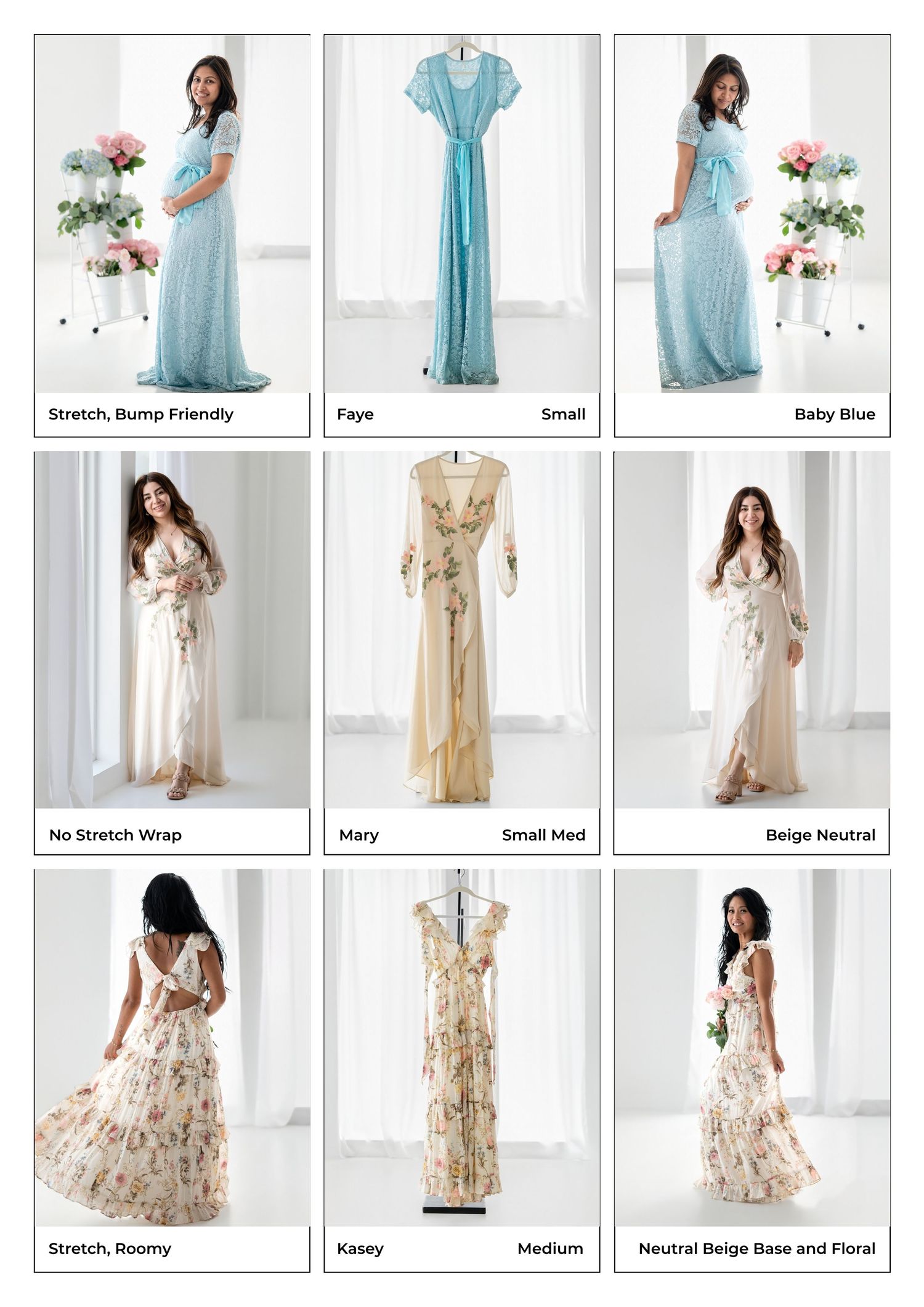 A collage of nine elegant maternity dresses in soft blues, neutrals, and florals, displayed on models and hangers.