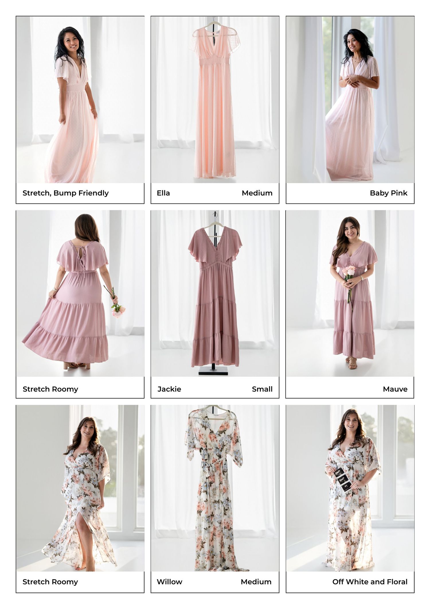Nine pink bridesmaid dresses in various styles including floral, mauve, and baby pink, shown on models and hangers.