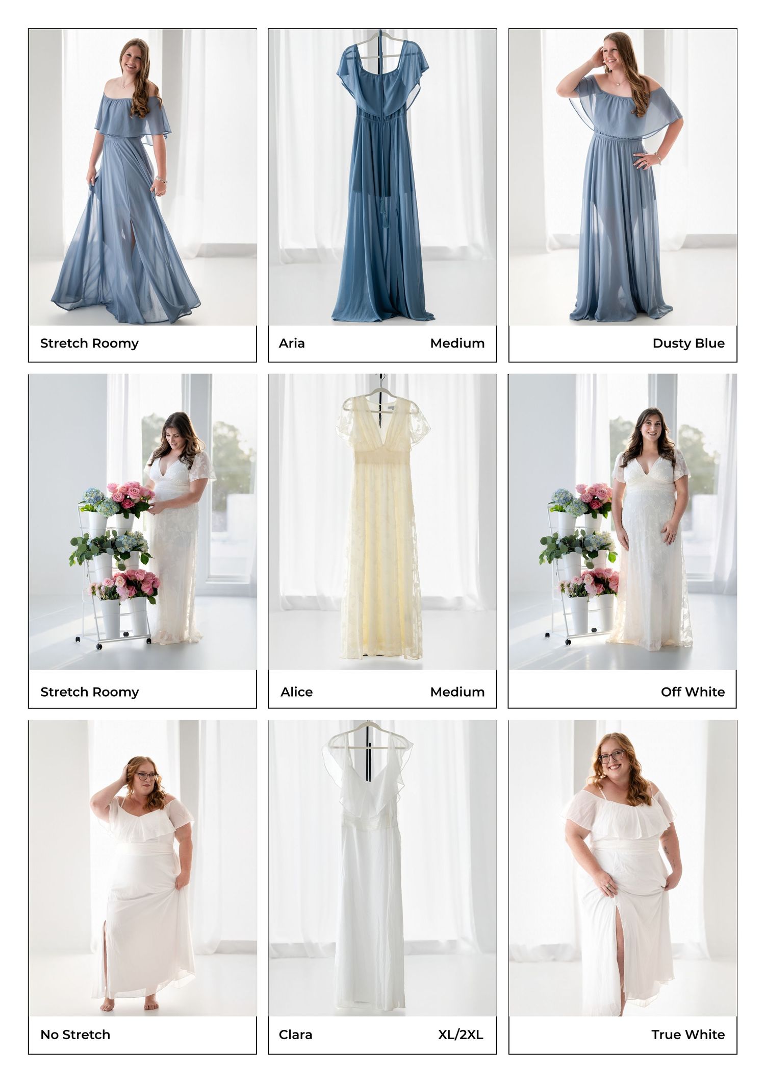 A collage of nine elegant dresses in dusty blue, off-white, and true white, displayed on models and hangers, labeled Aria, Alice, and Clara.