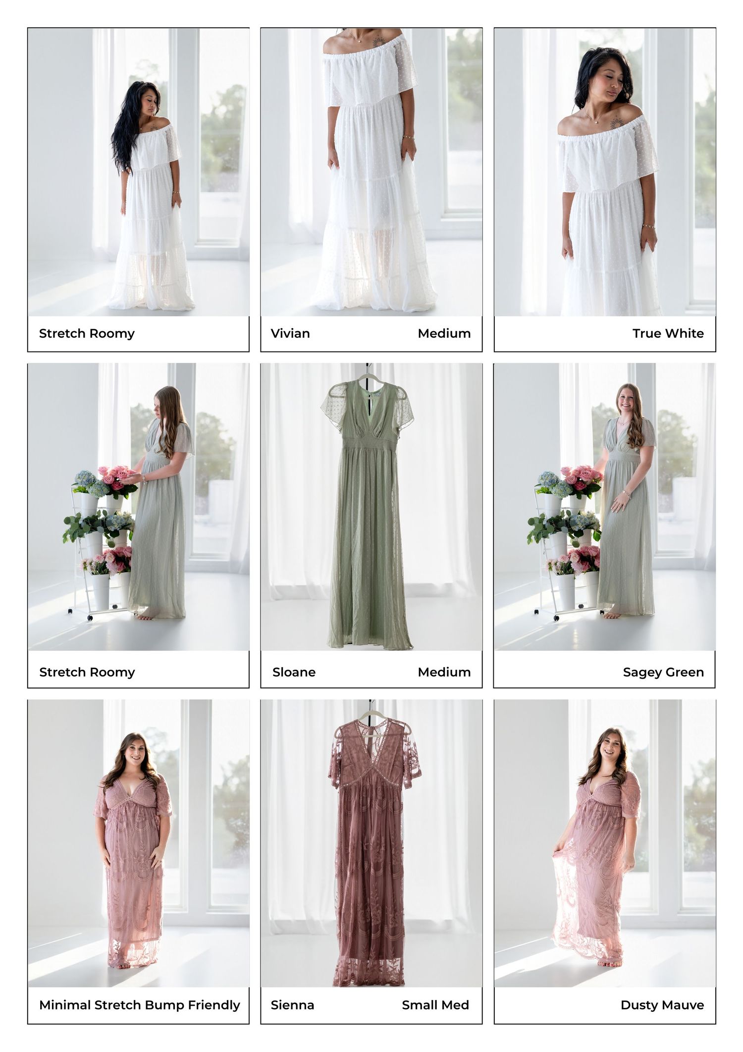A 3x3 grid showcasing white, sage green, and dusty mauve maternity gowns in styles like Vivian, Sloane, and Sienna.