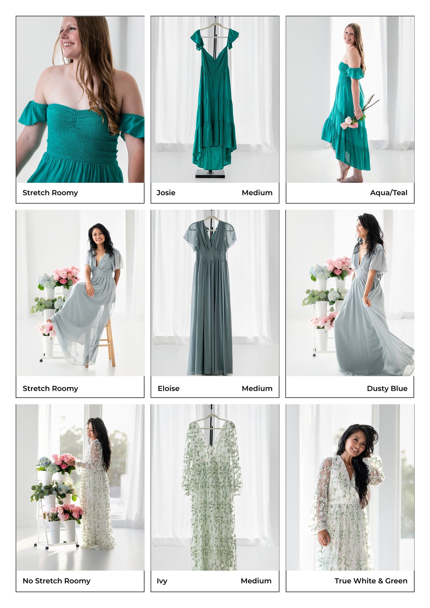 A 3x3 grid showcasing bridesmaid dresses in teal, dusty blue, and white-green floral styles, displayed on models and hangers.