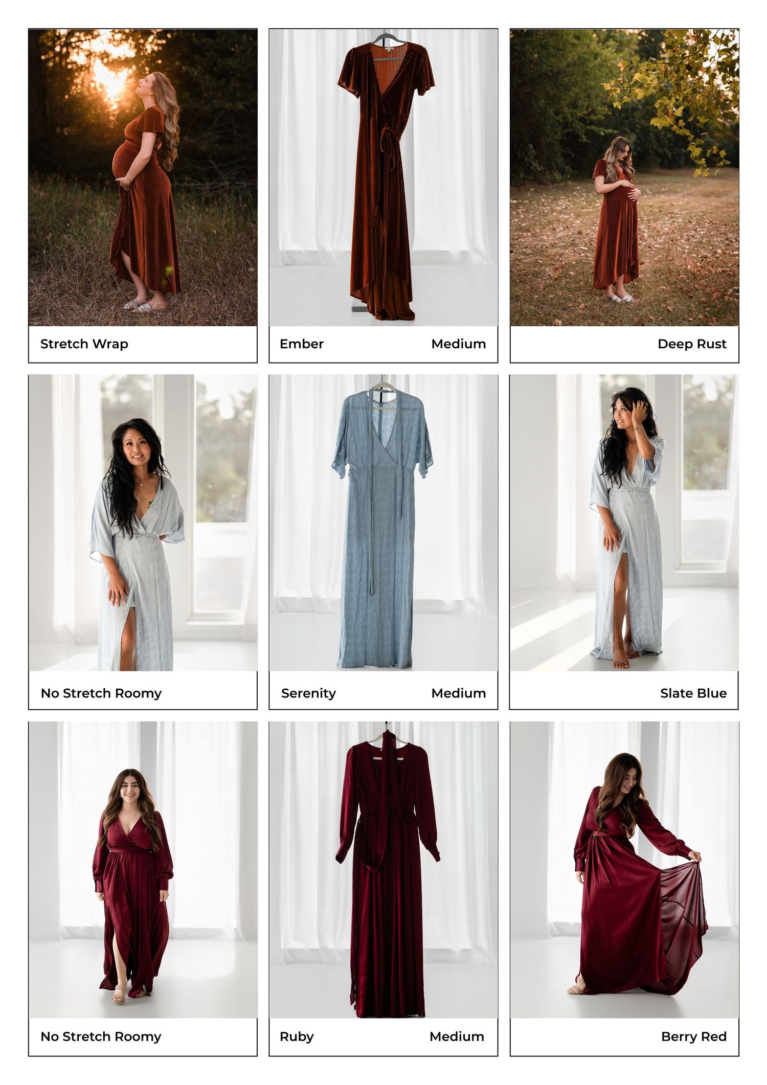 Nine maternity dress styles in rust, burgundy, slate blue, and berry red velvet and stretch fabrics displayed on models and hangers.