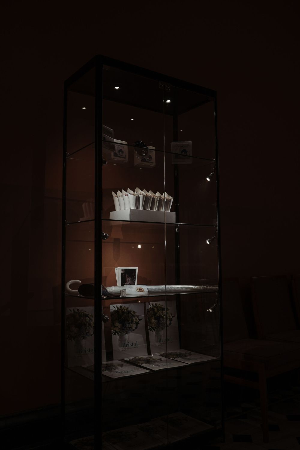 Dimly lit glass display cabinet with illuminated shelves showcasing white books and framed photos in a dark room.