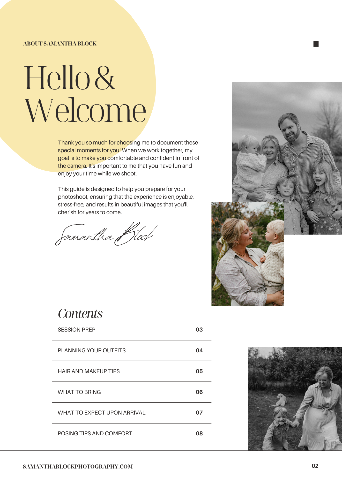 A family photography guide welcome page by Samantha Block featuring warm portrait photos of families posing outdoors.