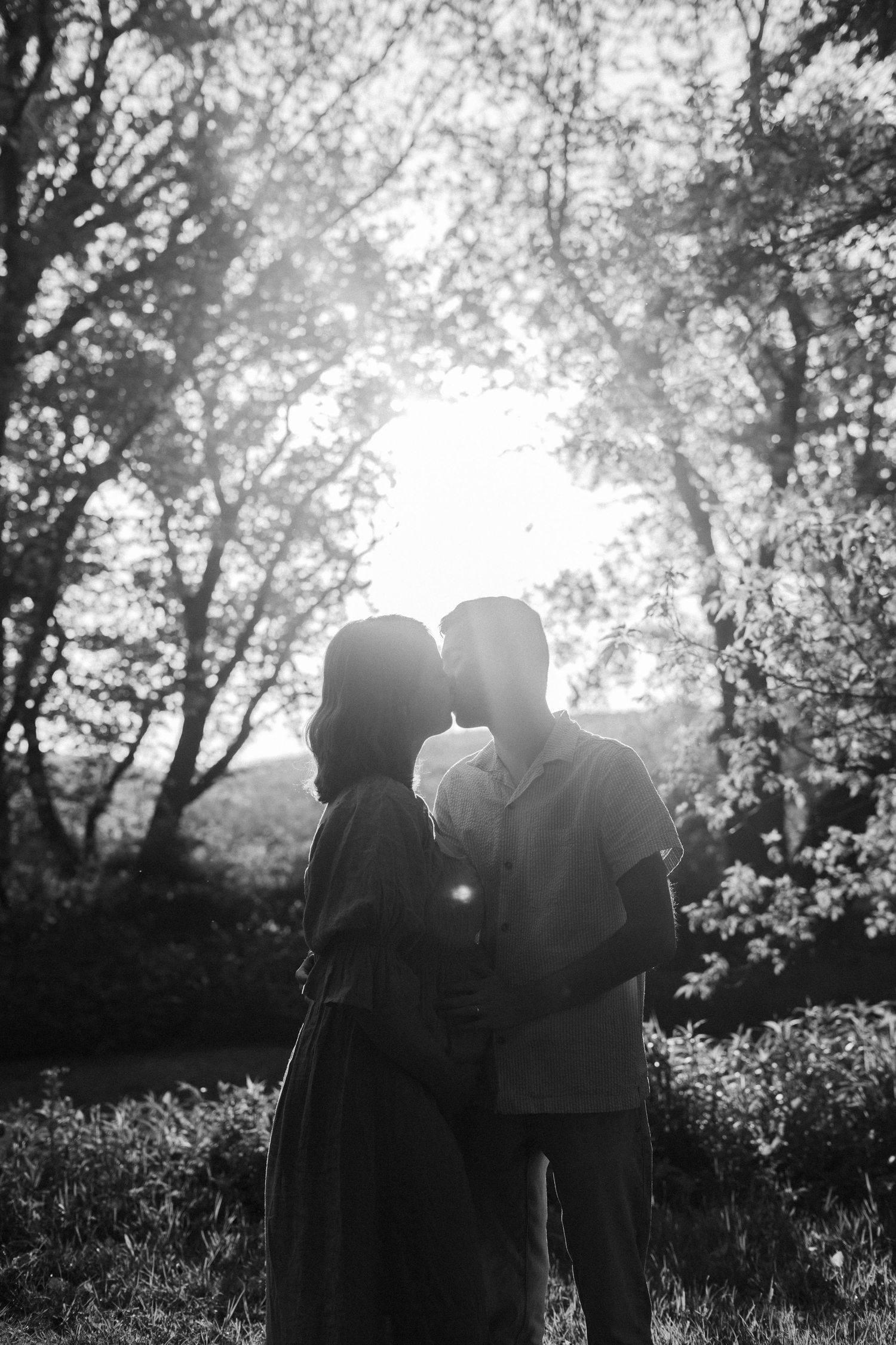 Black and white silhouette of couple kissing in sunlit forest with glowing backlight.