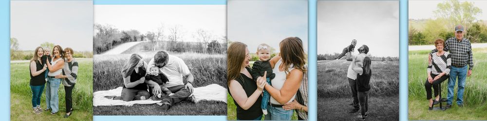 Collage of family portrait photos taken outdoors in a natural green setting.