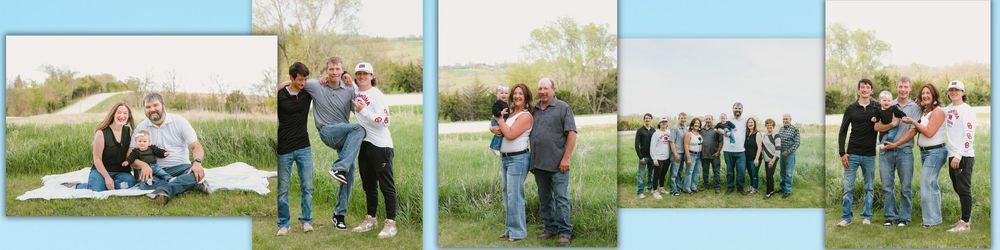 A large family poses together outdoors in a green meadow during a sunny family photo session.