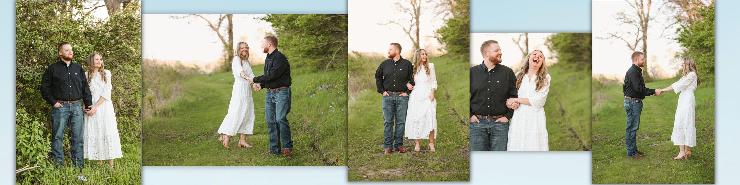 Couple posing outdoors in a green field, man in black and woman in white dress, engagement photo collage.