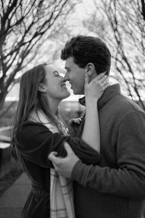 Black & White Engagement at Libby Hill Park in Richmond, Virginia with a sunset in the background.