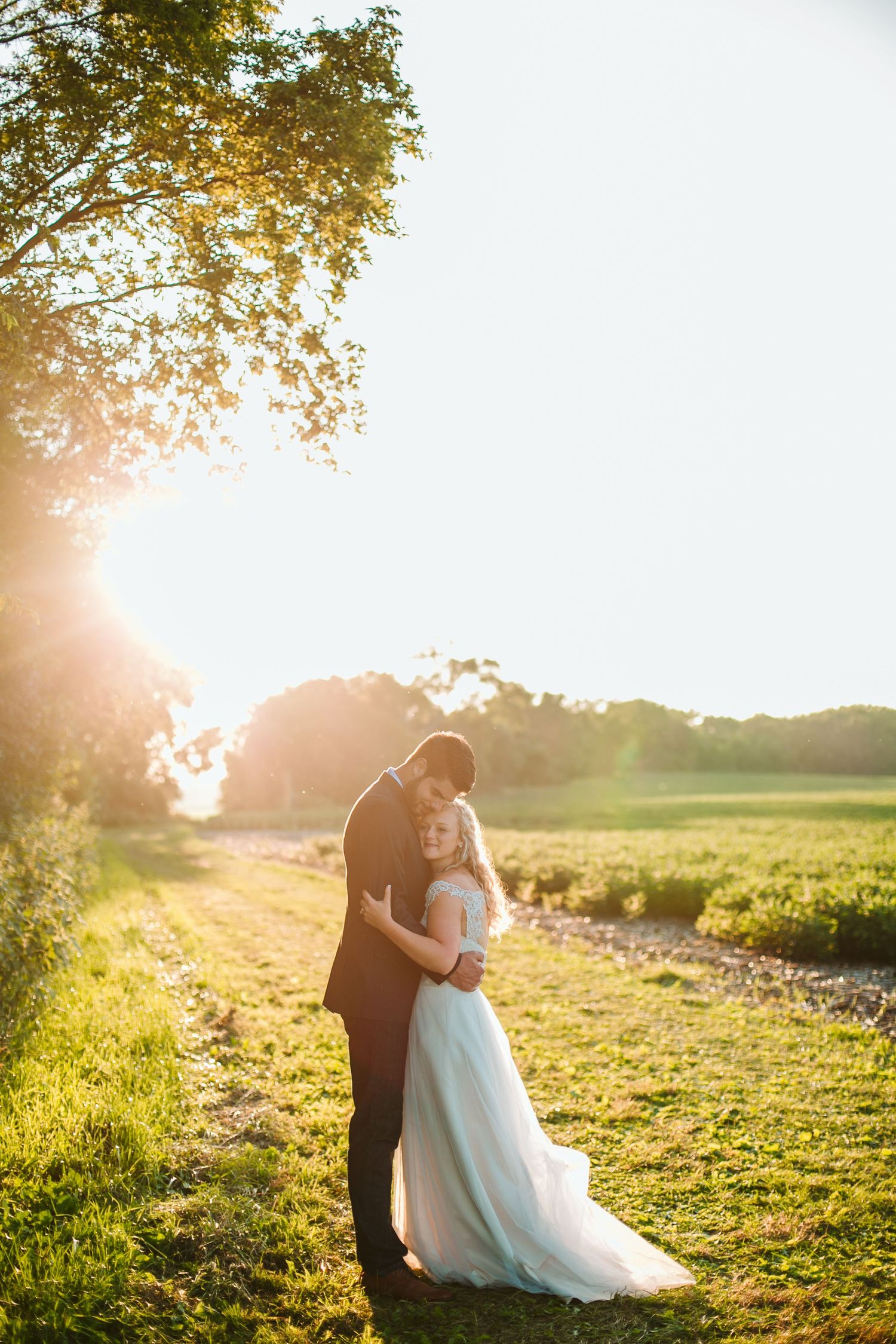 Wedding couple embraces in golden sunset light on grassy hillside.
