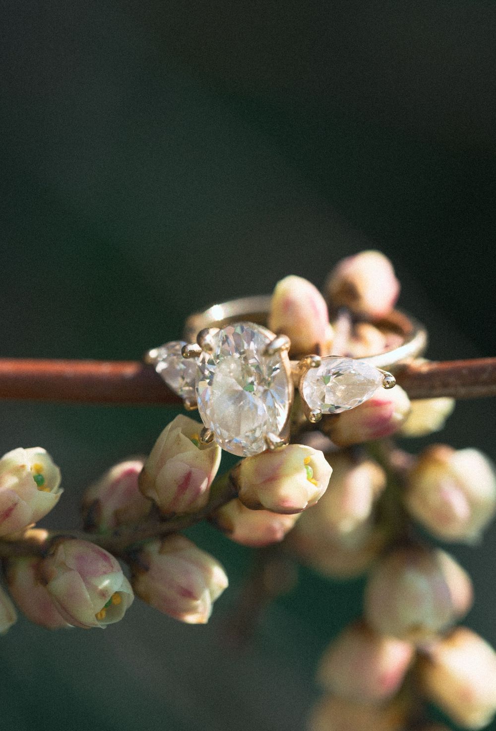 Elegant three-stone diamond ring with oval center stone displayed on delicate flower buds outdoors.