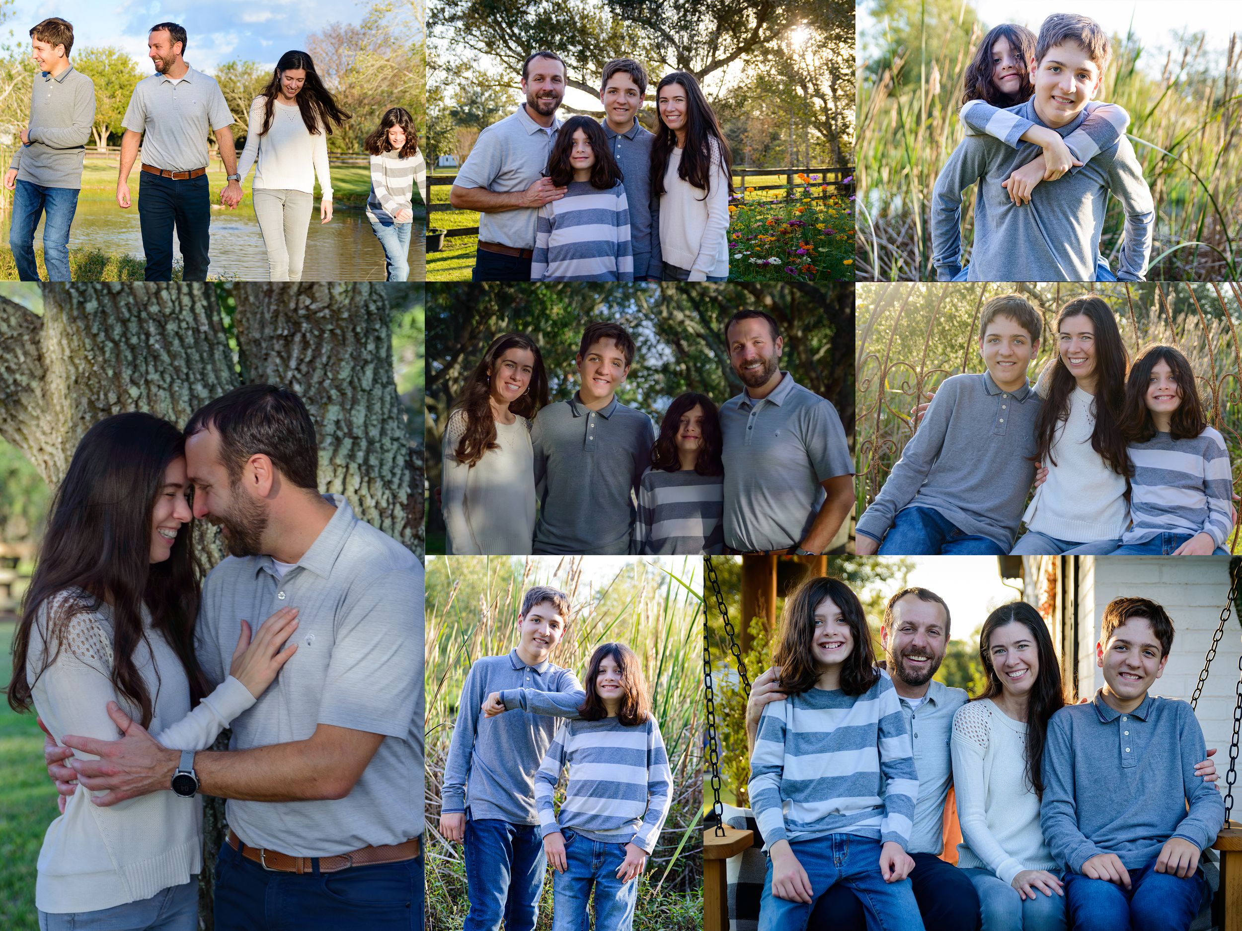Casual family photo collage showing group portraits in blue and white outfits outdoors.