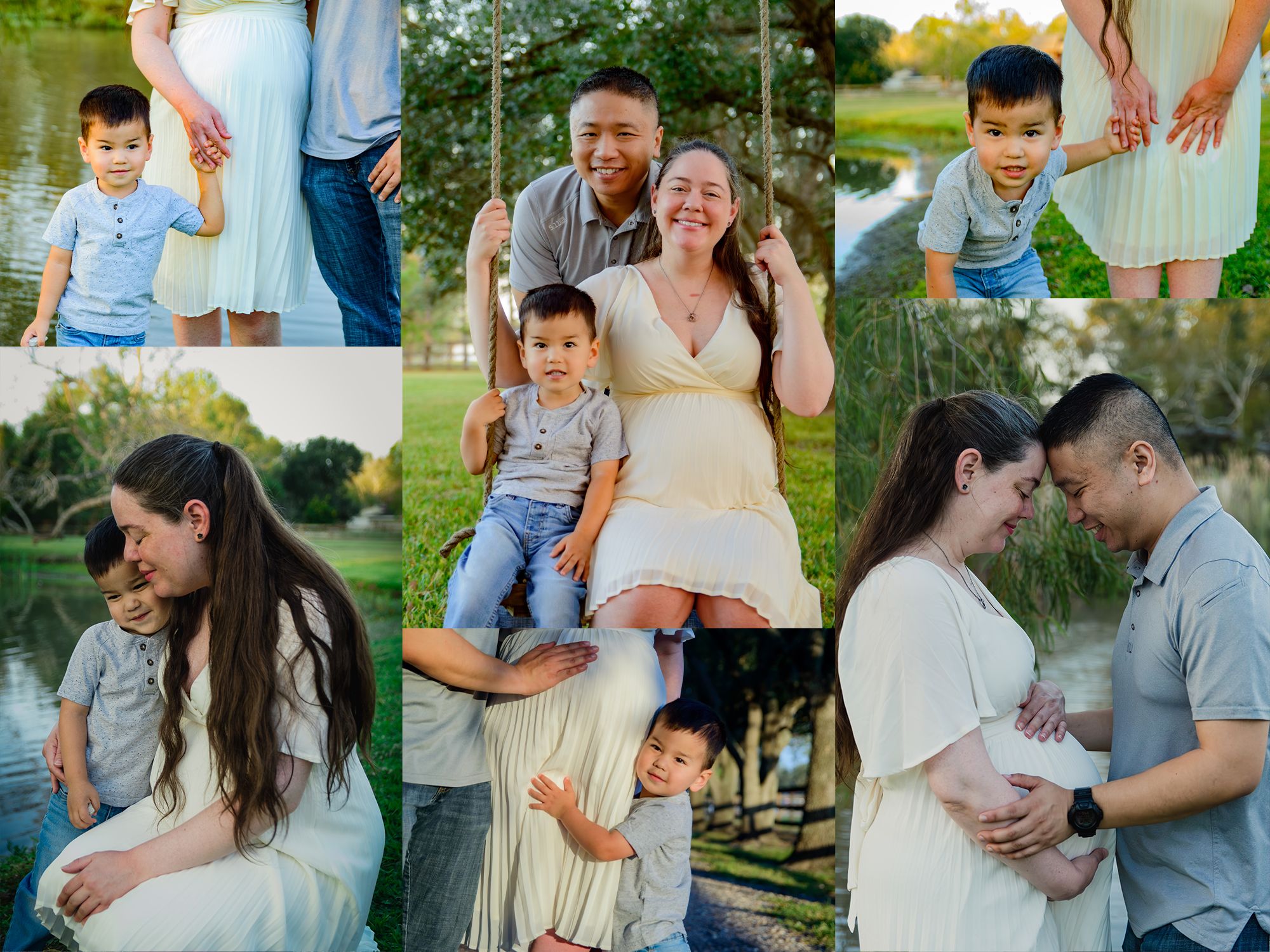 Candid outdoor family photo collage showing intimate moments between parents and child in a natural setting.