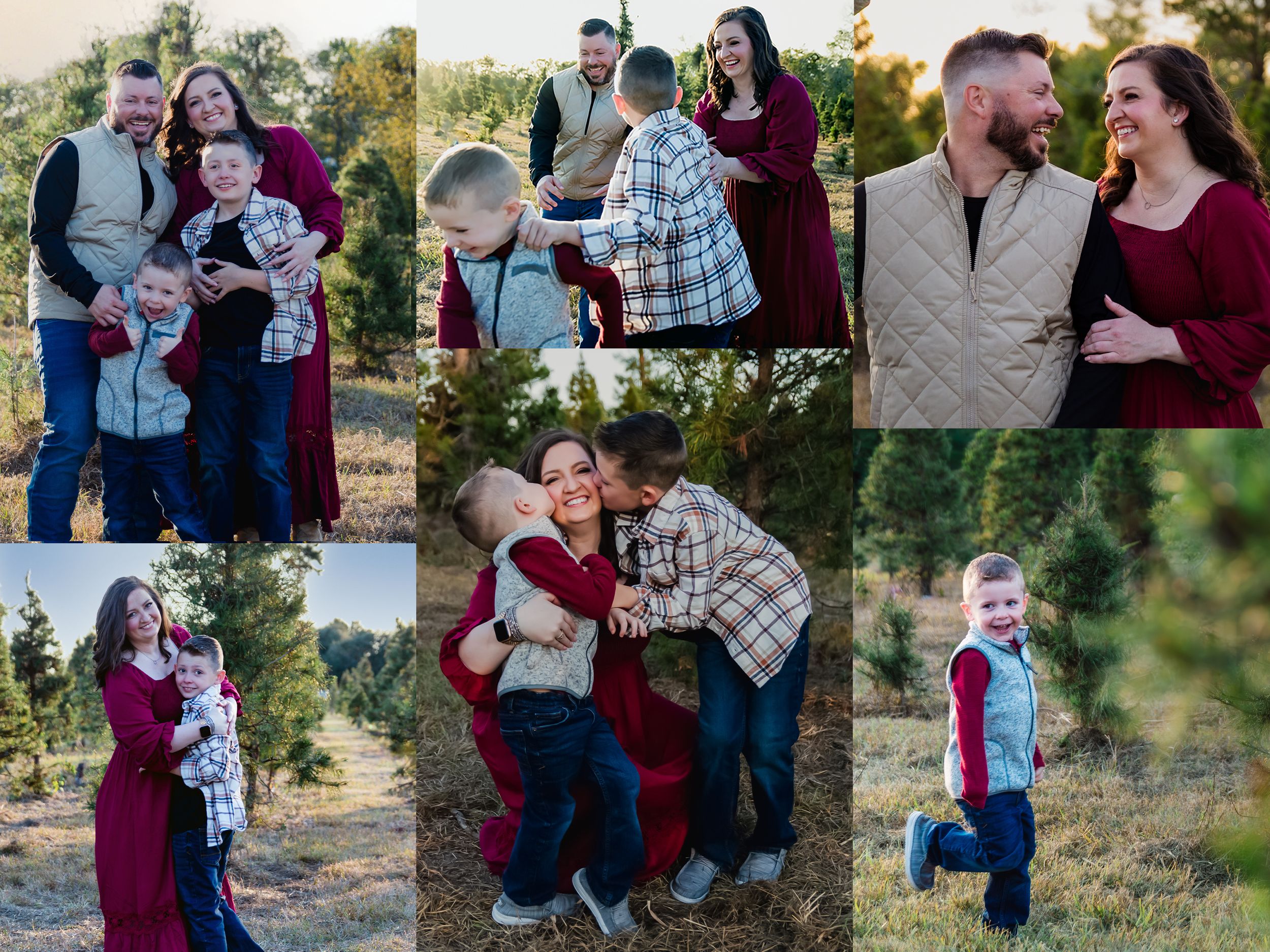 Family photo collage featuring burgundy and tan outfits in an outdoor autumn setting.