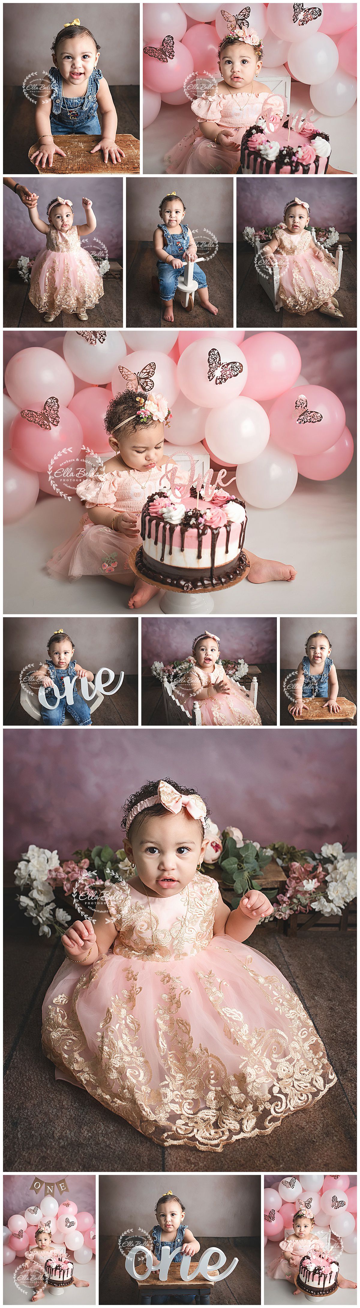 First birthday cake smash photo session with pink and white balloons, butterflies, and a beautiful lace dress theme.