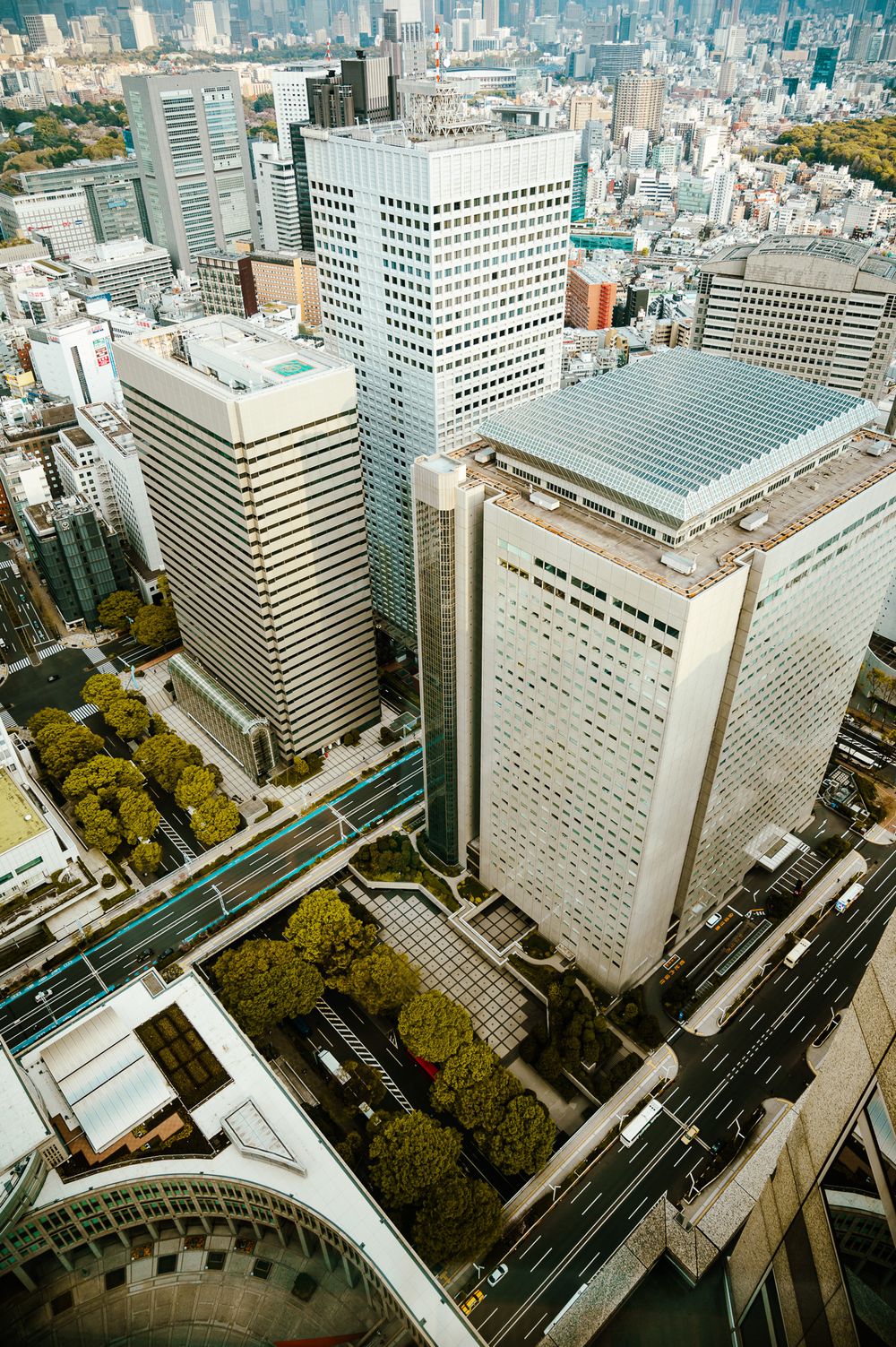 Aerial cityscape view of modern high-rise buildings and tree-lined streets in a bustling Japanese metropolis.
