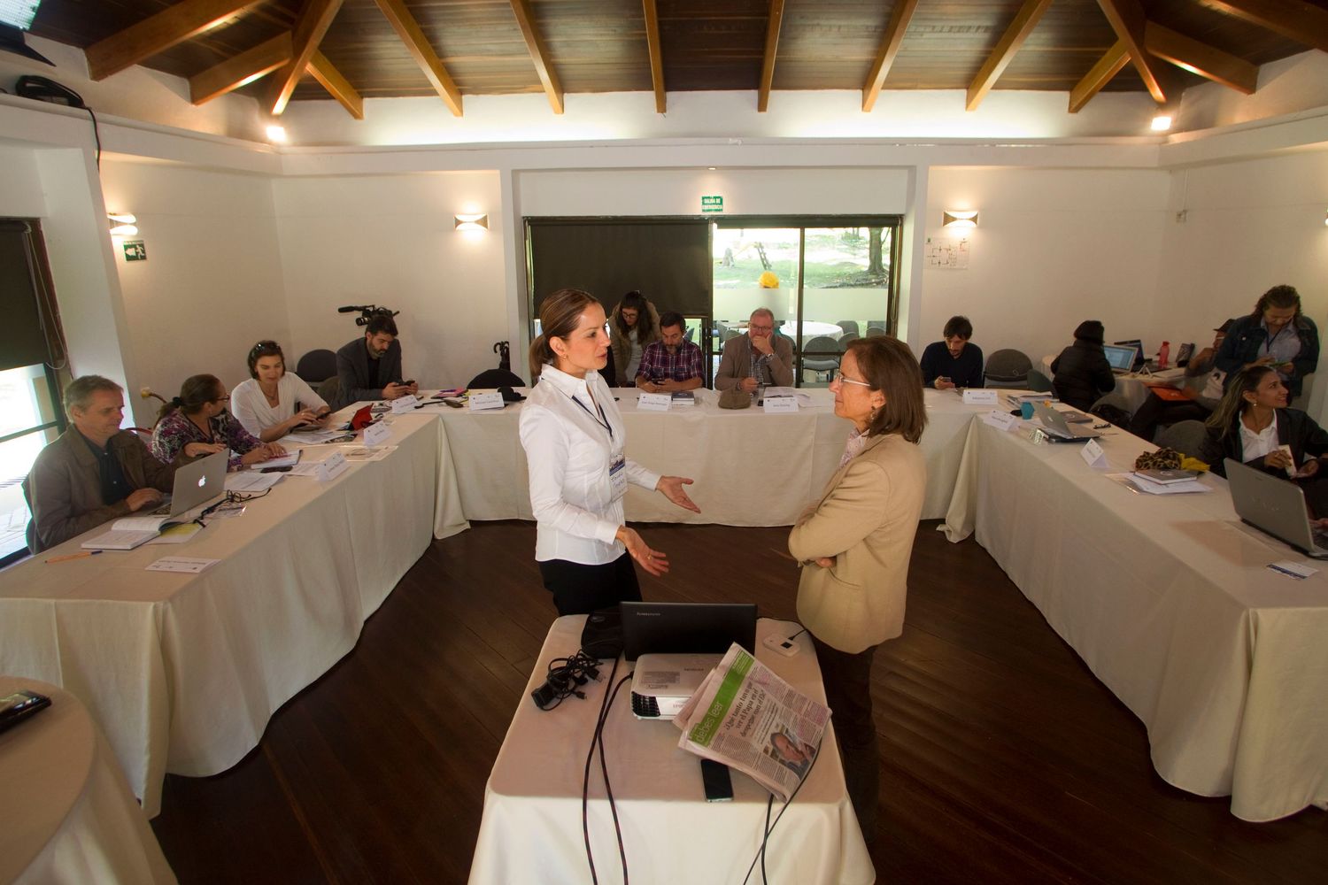 A person speaks during a conference in Bogotá.