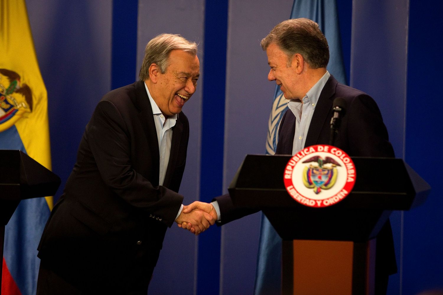 Antonio Guterres, Secretary-General of the United Nations, during his visit to Colombia. with Juan Manuel Santos, President of Colombia.