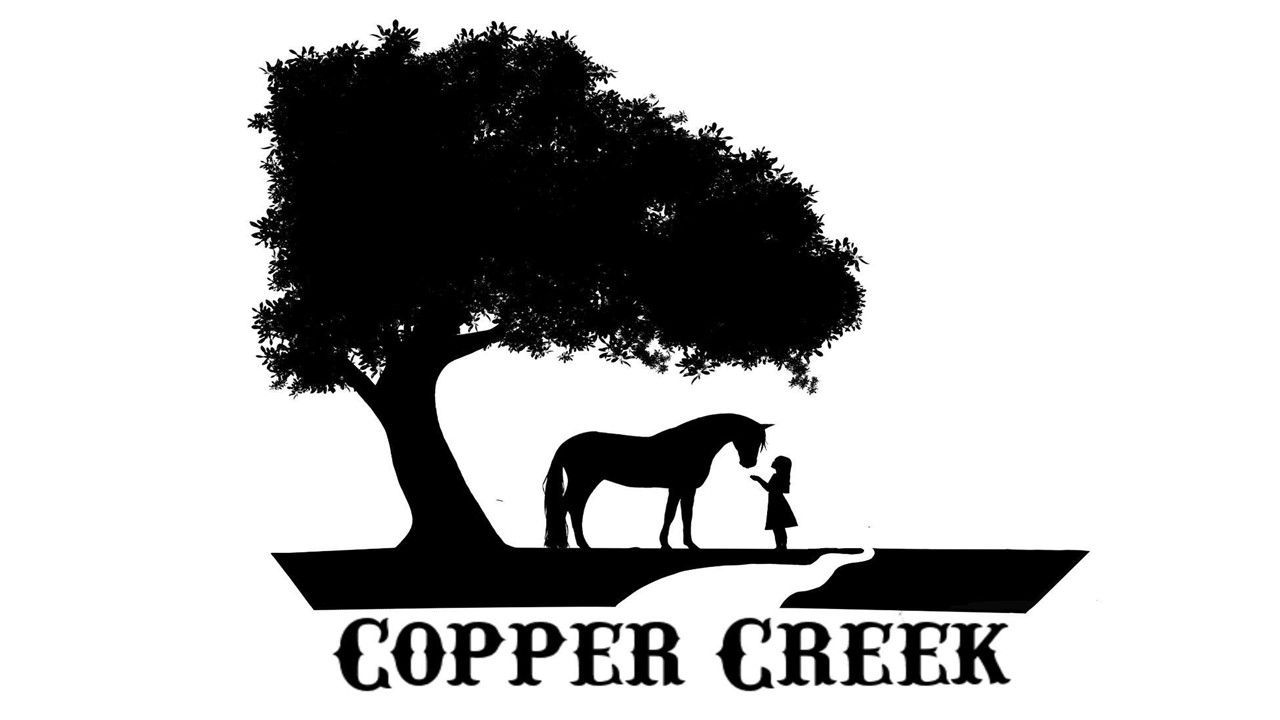 Black silhouettes of trees and horses against a white background form a rustic logo design for Copper Creek.