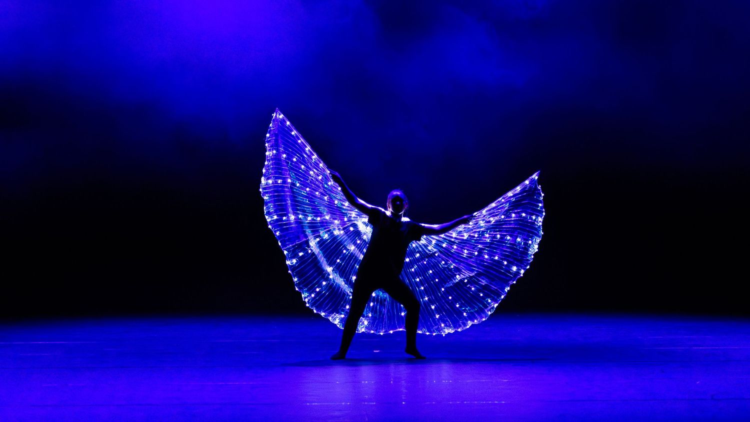 A row of illuminated butterfly wing props creates a magical glowing effect against a dark blue stage background.
