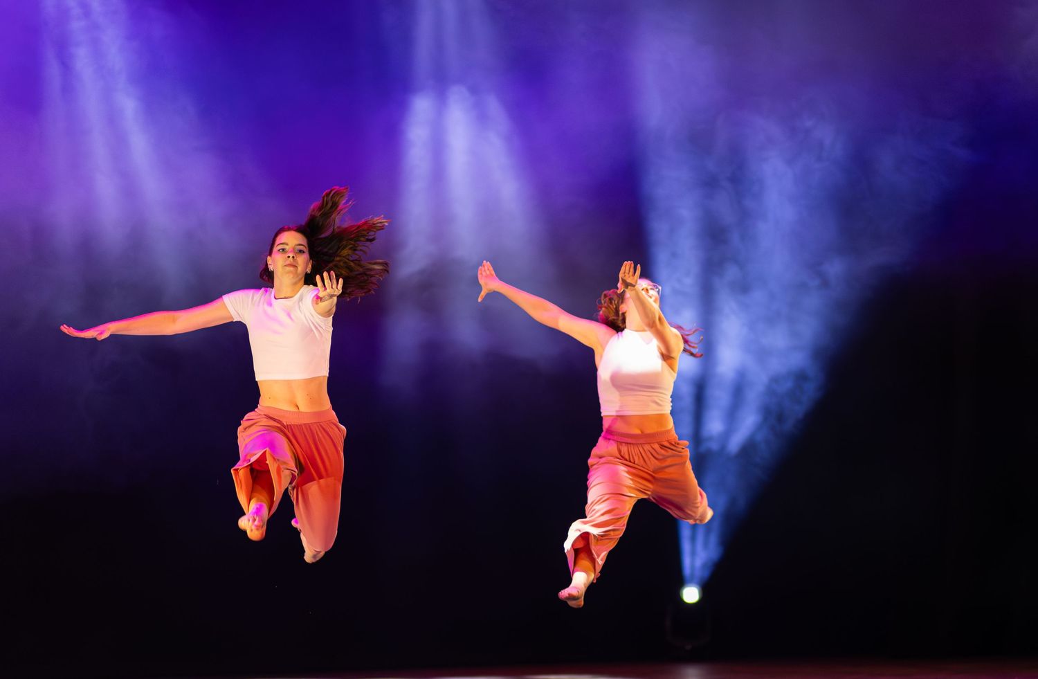 Silhouetted dancers leap and pose against a vibrant purple and blue stage backdrop.