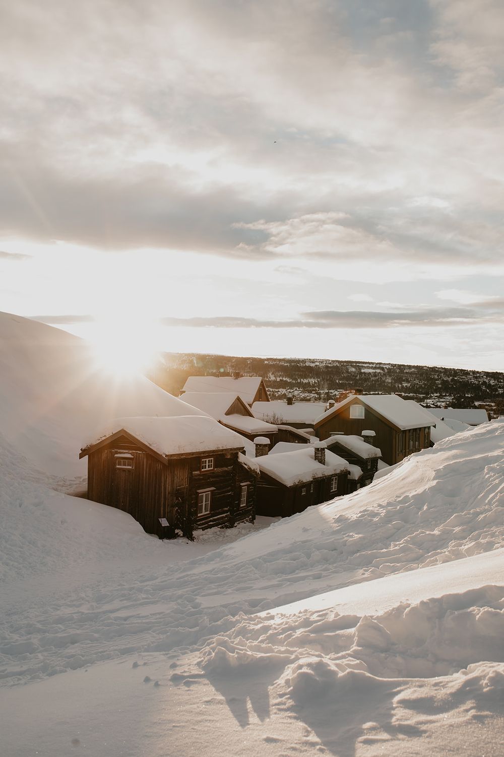 Modern winter cabins nestled in snowy mountain landscape at sunset with soft golden light across pristine white drifts.