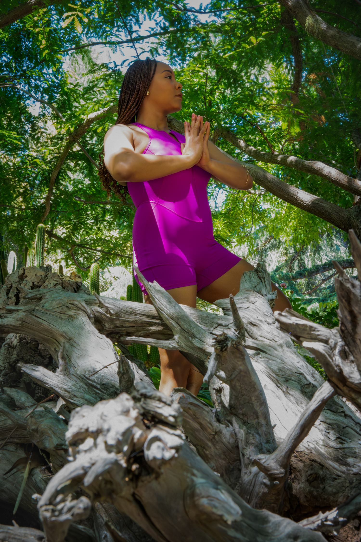 A person in a magenta outfit climbs on weathered driftwood in a lush forest setting.