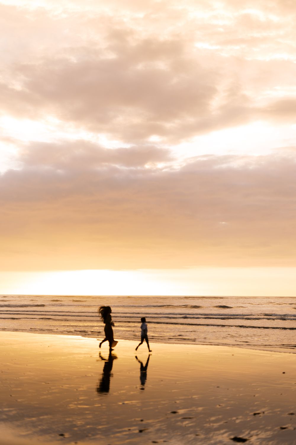 Silhouettes of people walking along a golden beach at sunset create a dramatic scene.
