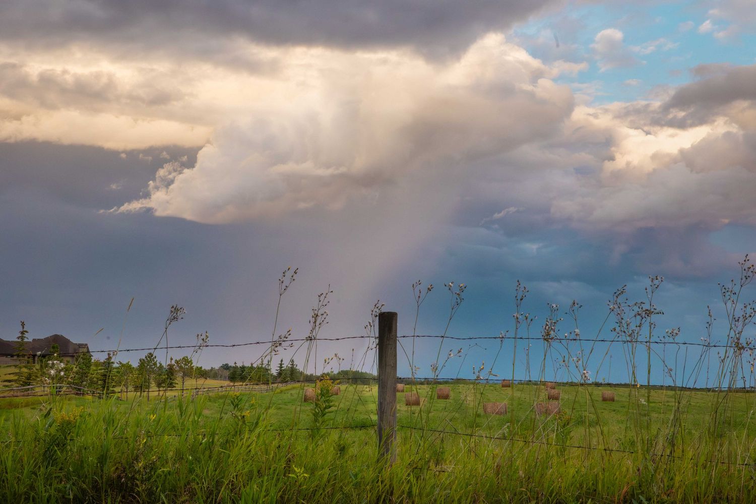 Storm clouds gathering over a green rural field with barbed wire fence and tall grass in the foreground.