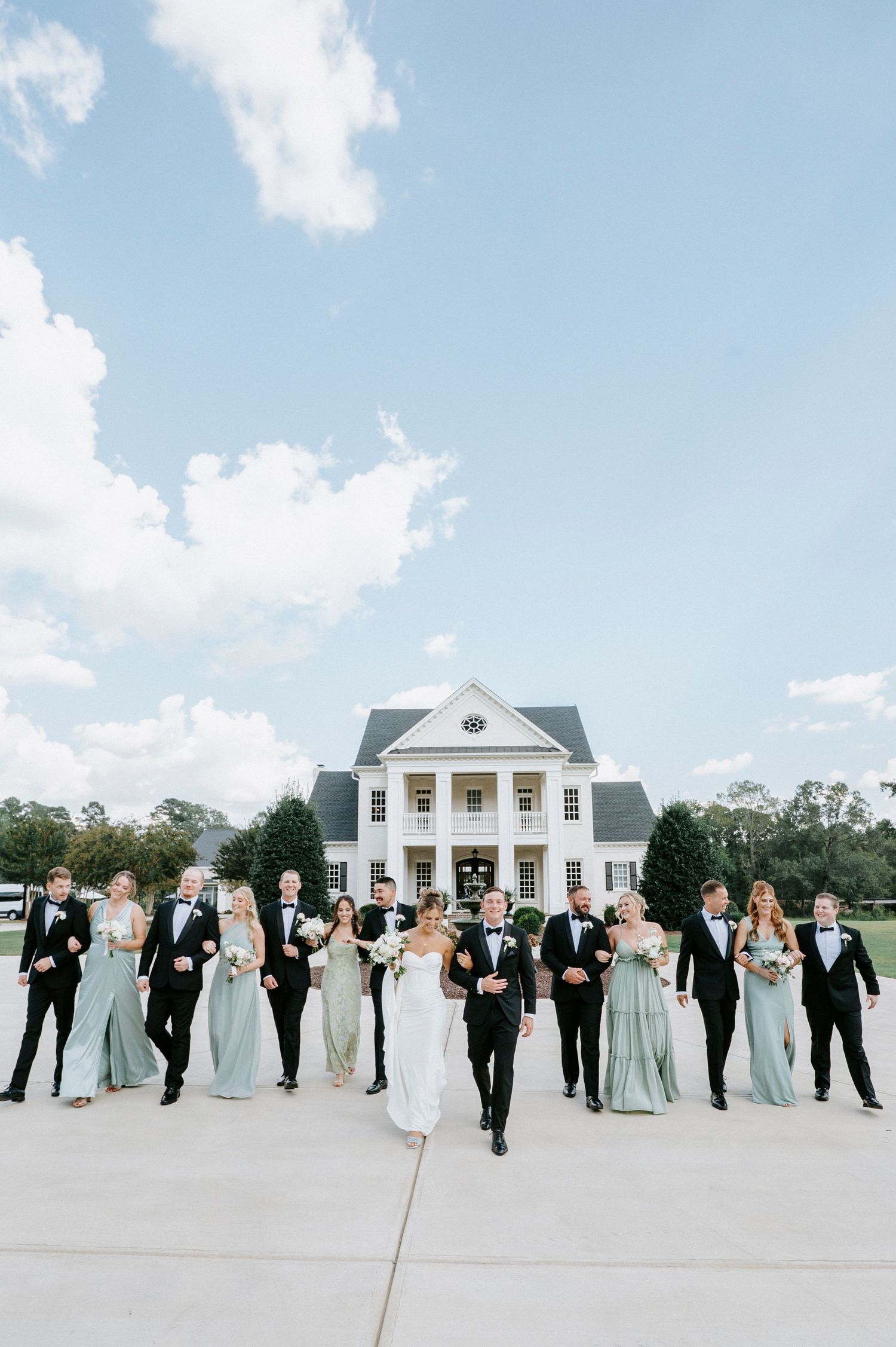 A wedding party in black tuxedos and sage green bridesmaid dresses poses in a line against a cloudy sky backdrop.