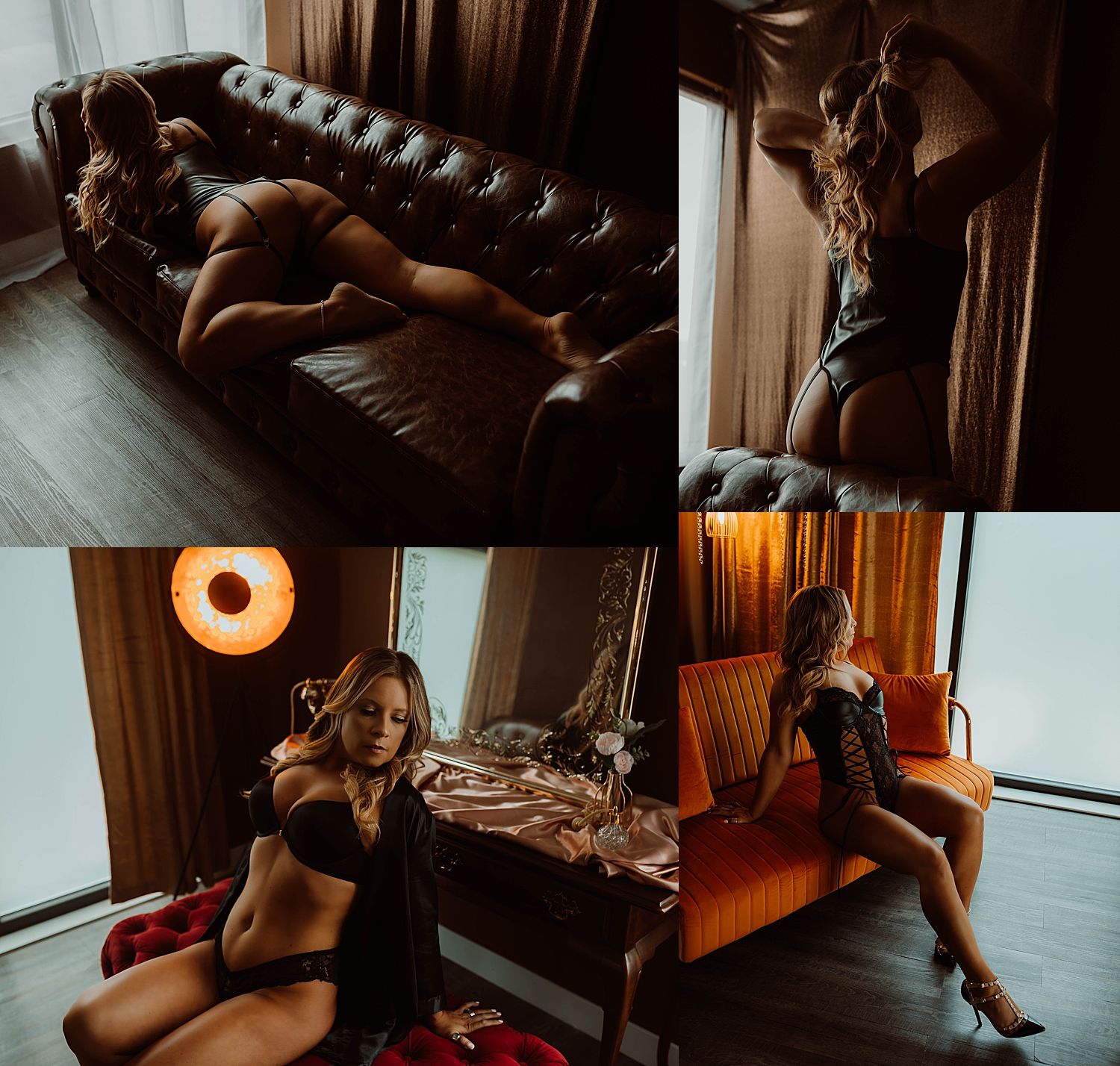 model lies across leather couch in black lingerie by KJ Boudoir Photography