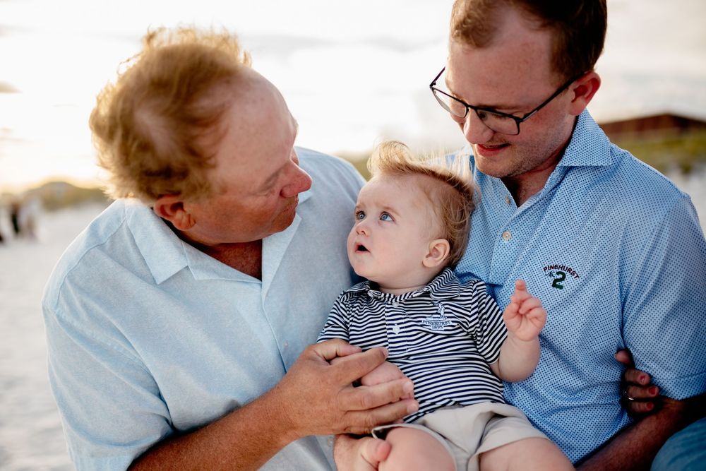 A heartwarming series of family moments showing tender interactions between loved ones in matching blue outfits.