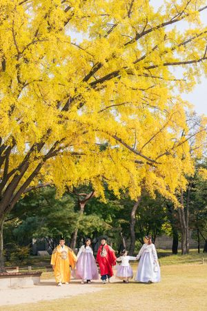 People in traditional Korean hanbok dresses walk beneath vibrant yellow ginkgo trees in an autumn park setting.