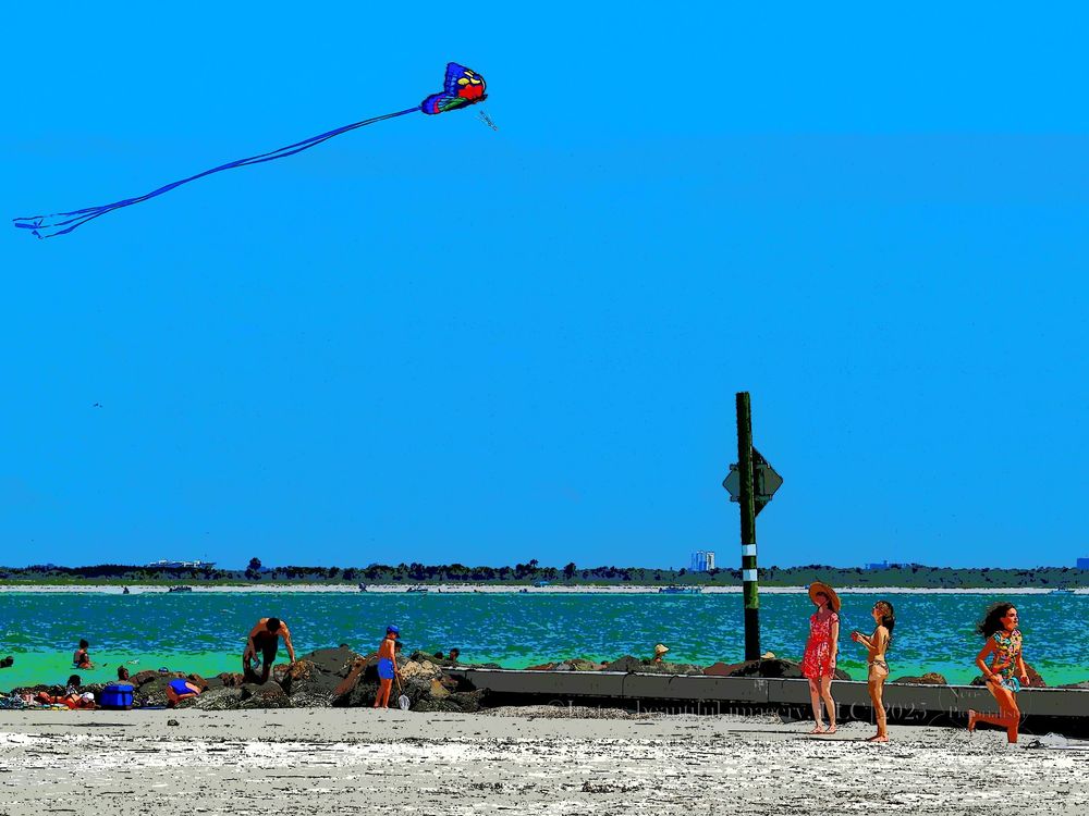 Neo-pictoralism photo of kite flying and families enjoying the beach.
