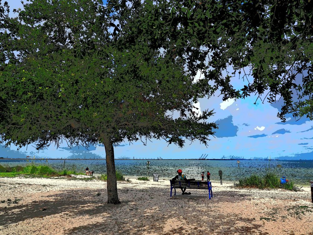 Neo-pictoralism photo of beach bench.