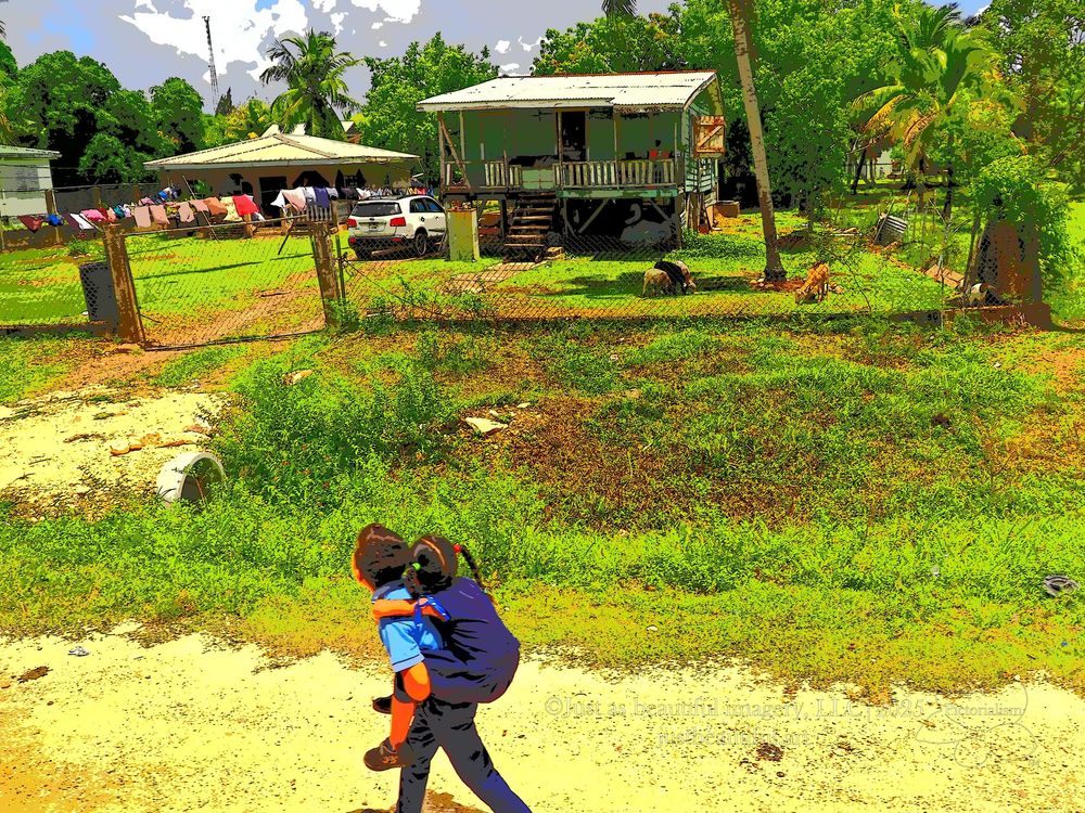Neo-pictoralism photo of child carrying another child.