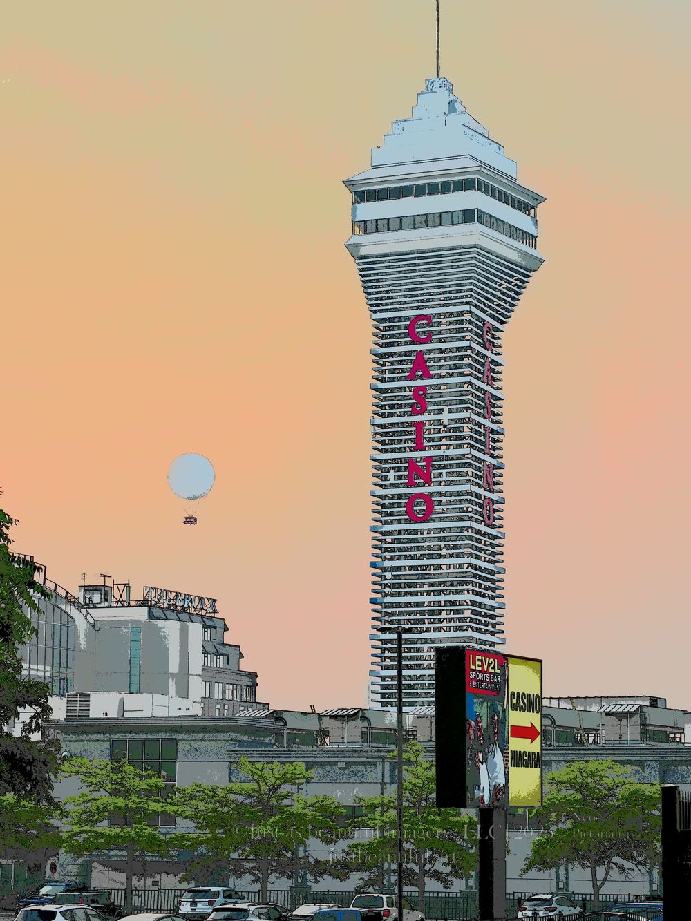 Neo-pictoralism photo of Niagara Falls Casino and hot air balloon.