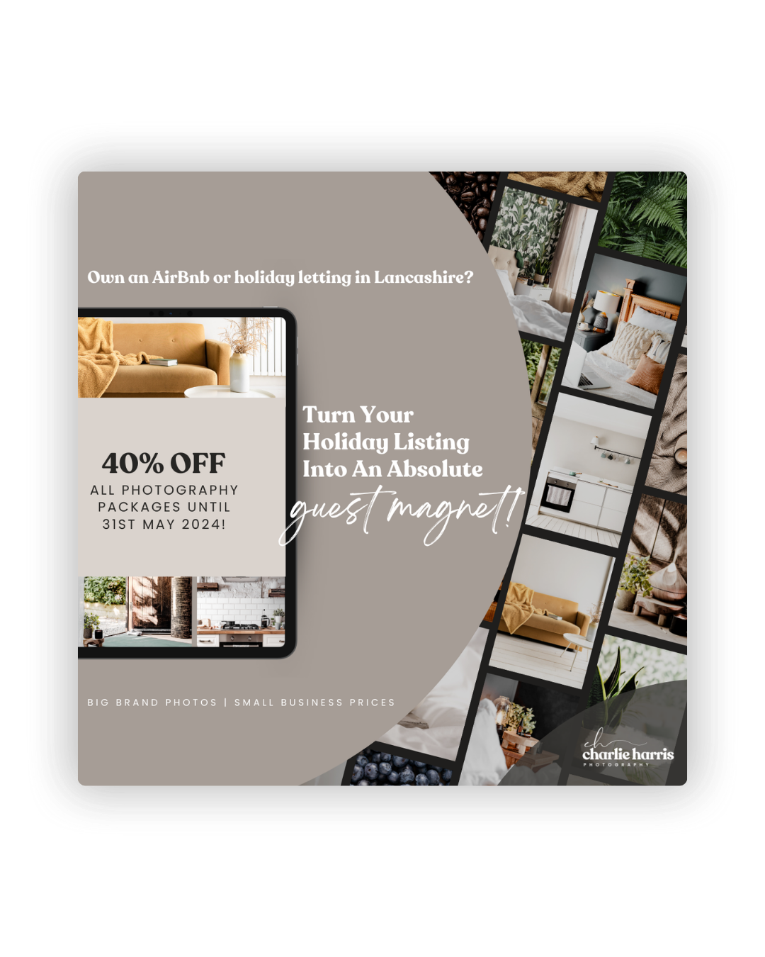 Social media promotion template featuring a 40% off photography package deal with elegant gray and beige design elements.