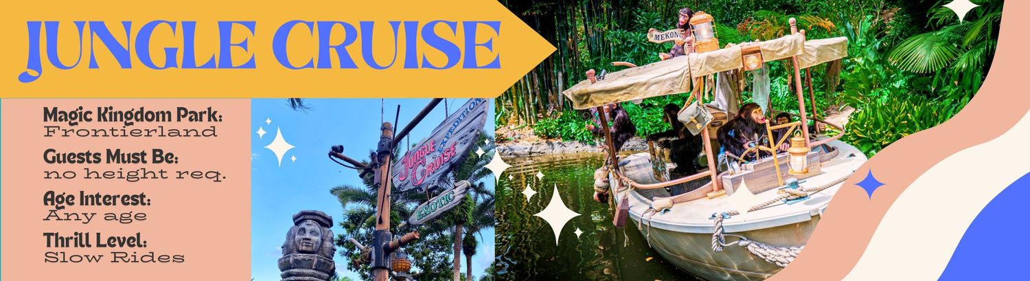 Jungle Cruise attraction signage featuring a tropical boat and adventurous theme at a Disney theme park.