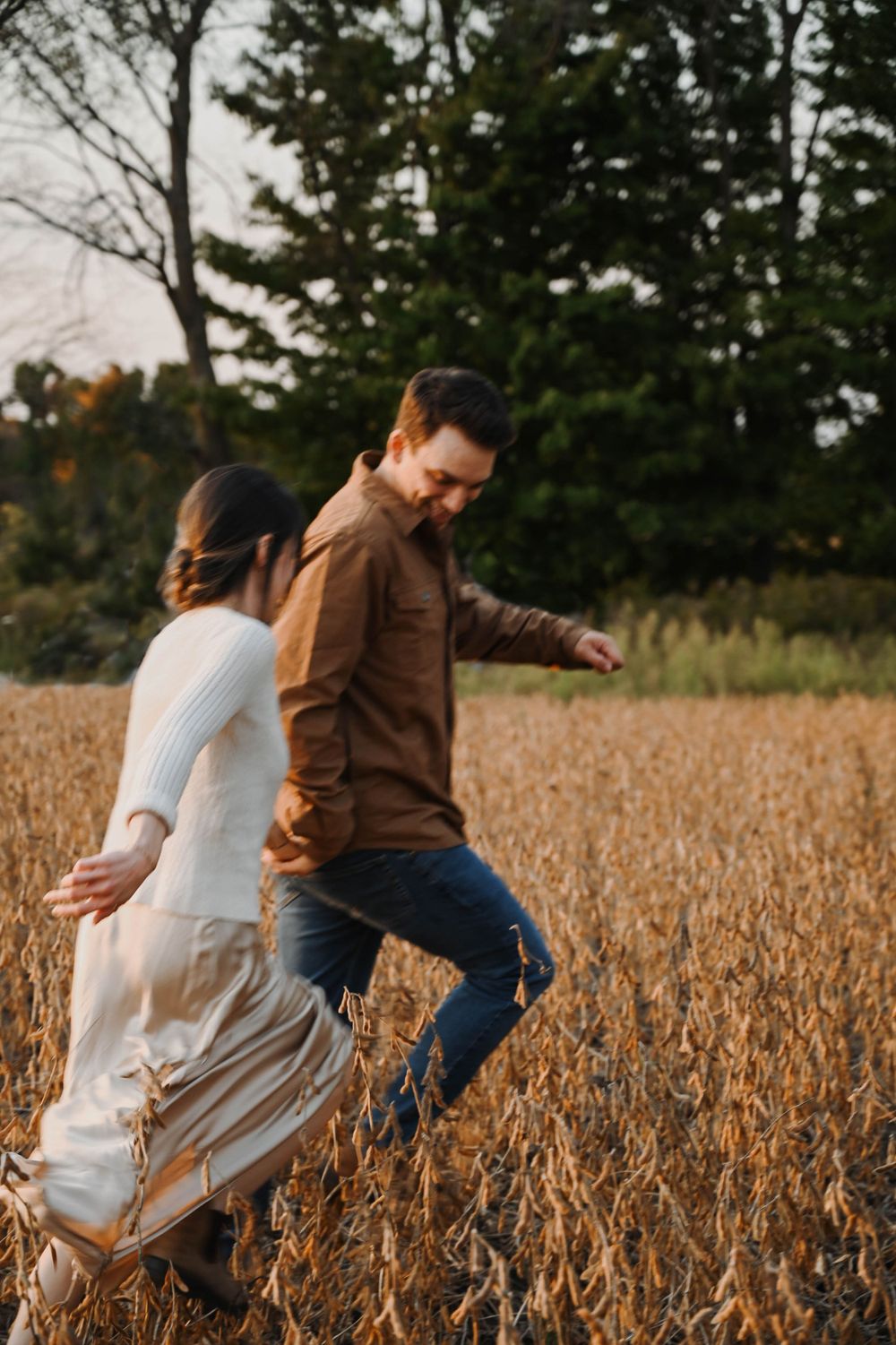 A couple walks through a golden wheat field at sunset with evergreen trees in the background.